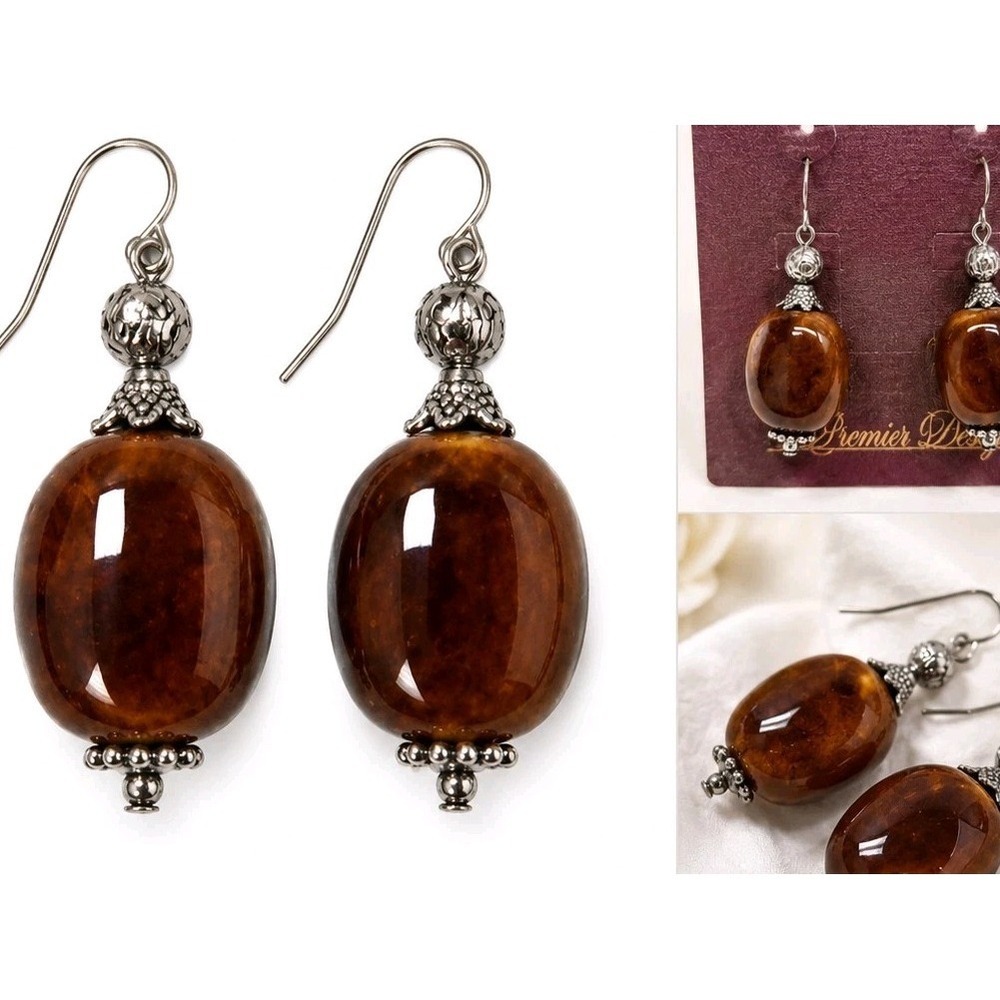Premier Designs Jewelry SARASOTA Brown Glass Bead Dangle Pierced Earrings 2" New